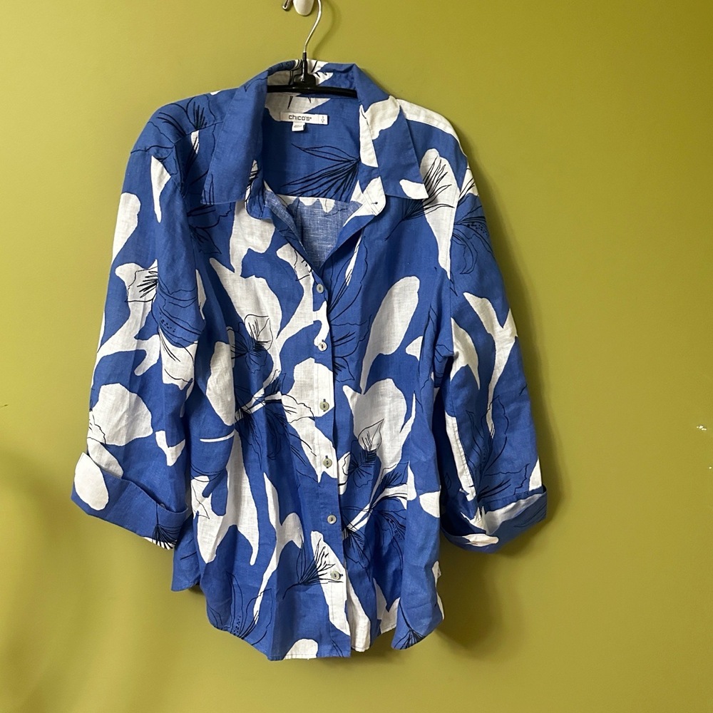 Chicos Tunic Sz 16 Too Blue White Floral Print Button Long Sleeve Linen‎ Resort